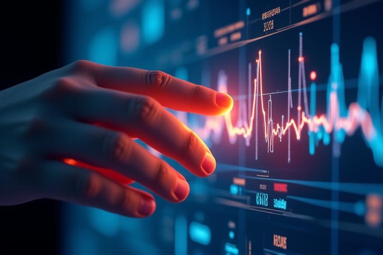 Illustration of a person interacting with a user-friendly digital health dashboard, data points radiating