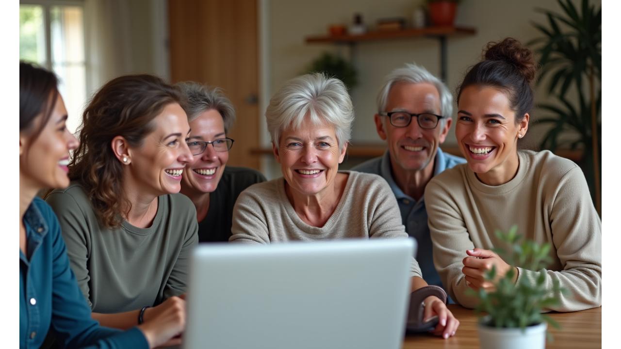 Diverse group of adults 35+ engaging in a lively online community forum, showing faces on screens and warm, inviting atmosphere.