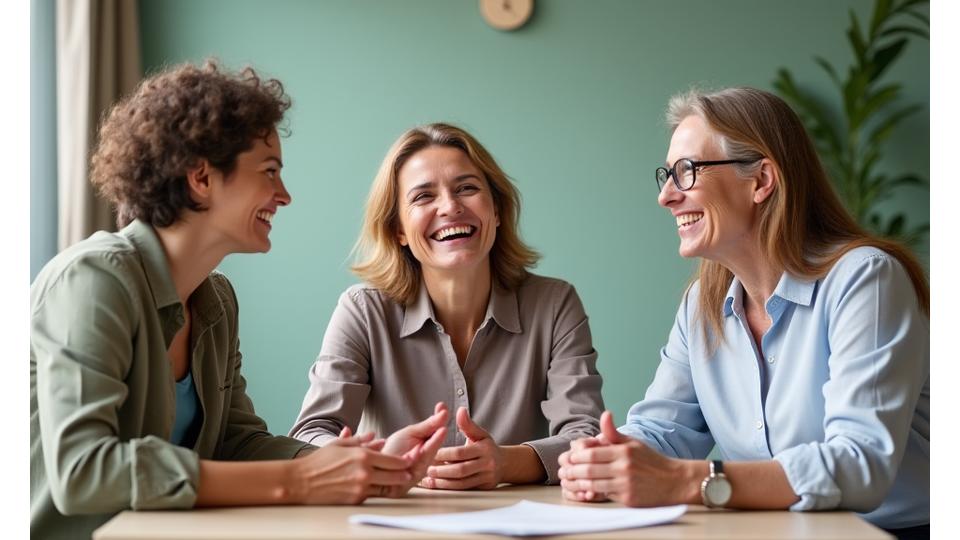 A diverse panel of wellness experts (nutritionist, psychologist, fitness coach) in their 40s-60s engaging thoughtfully in a discussion, looking knowledgeable and approachable.