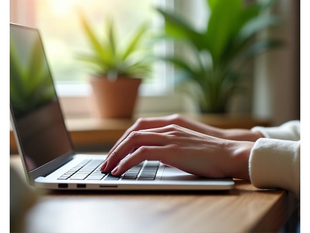 A close-up of hands typing on a laptop keyboard, with vibrant, healthy plants in the background, symbolizing focused online engagement in a nurturing environment.