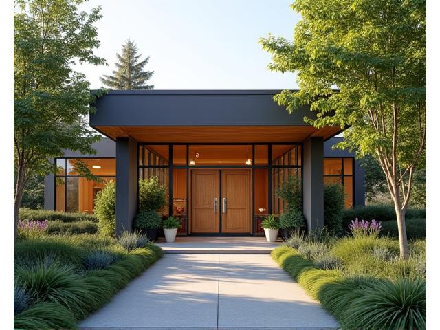 A welcoming community center entrance with a 'Portland Wellness Hub' sign, surrounded by greenery and soft natural light, conveying local support.