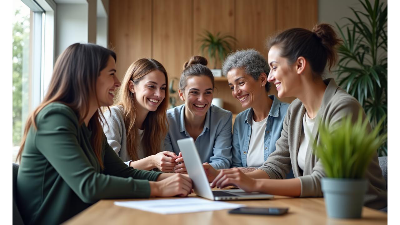 Team member smiling and assisting a Veridian Bloom community member on a laptop, symbolizing supportive human connection.