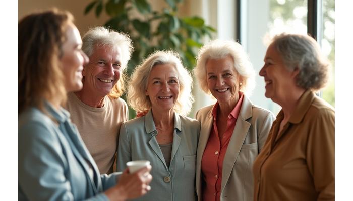 Five diverse individuals aged 45-65, smiling and looking healthy and vibrant, sitting together in a bright, modern community space, symbolizing positive health outcomes and supportive community.
