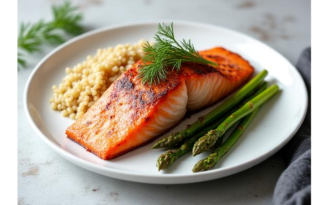 A beautifully plated dish of baked salmon with roasted asparagus and quinoa, garnished with fresh herbs, emphasizing an anti-inflammatory, gut-friendly meal.