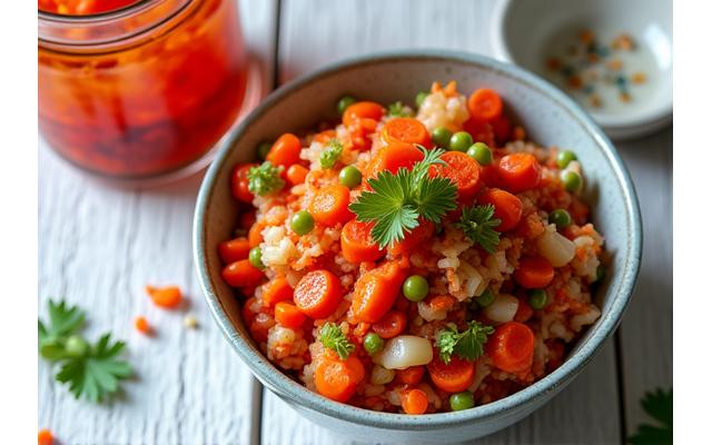 A vibrant bowl of fresh, homemade fermented kimchi, rich in red and green cabbage, carrots, and spices, alongside a glass jar of fermenting vegetables, showcasing healthy, gut-friendly food.