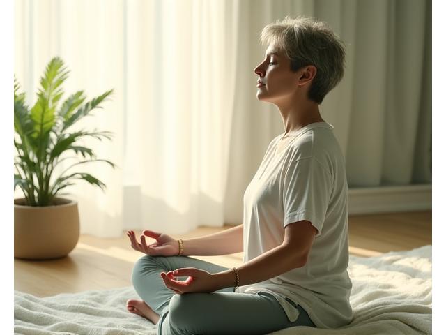 A person calmly practicing mindfulness or meditation in a peaceful, sunlit setting, representing mental wellness and emotional health for adults 35+.