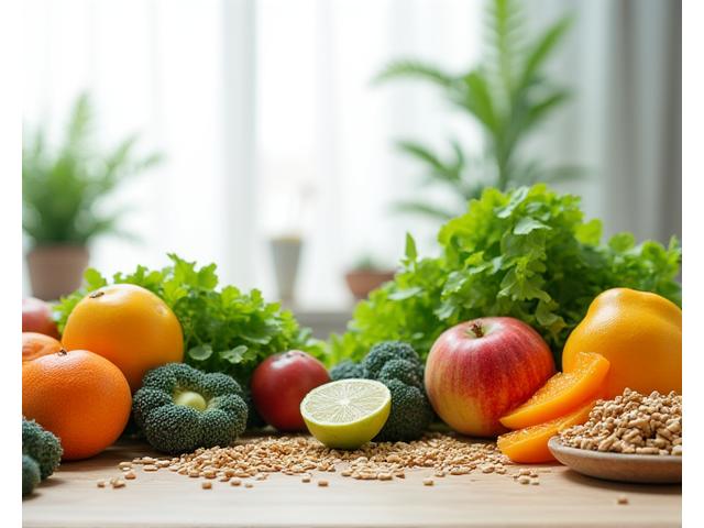 Fresh vibrant fruits, vegetables, and whole grains arranged artfully on a modern kitchen counter, symbolizing healthy nutrition for midlife metabolism.