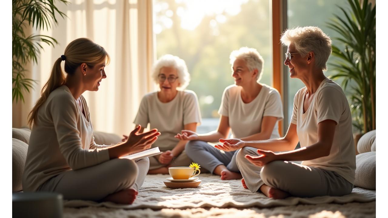 Diverse group of adults 35+ engaging in calm, healthy activities like reading, meditating, and light exercise, bathed in soft, natural light, symbolizing wellness and knowledge.