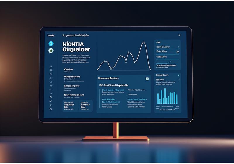 A digital screen displaying AI-generated health insights, with clear charts, personalized recommendations, and recognizable patterns highlighted, set in a modern, clean interface.