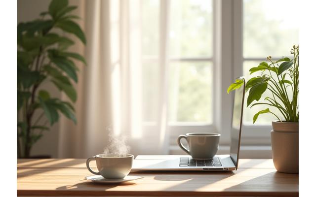 Clean workspace with a laptop, natural light, and a cup of tea, conveying focus and sustained energy levels.