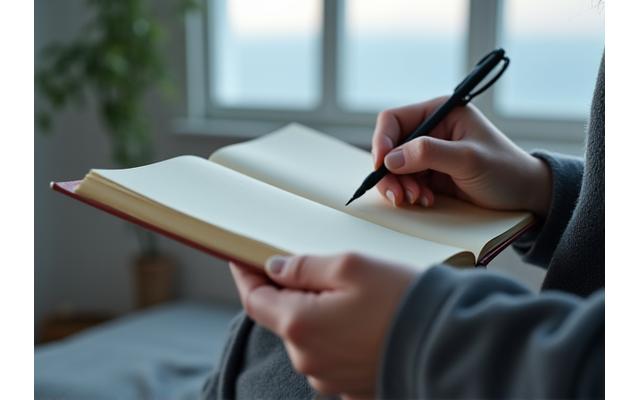 A hand holding a journal and pen thoughtfully, with a window showing a calm, overcast sky, representing mood and stress tracking.