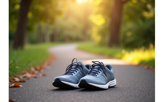 A pair of comfortable walking shoes on a paved trail with autumn leaves, signifying movement and activity tracking.