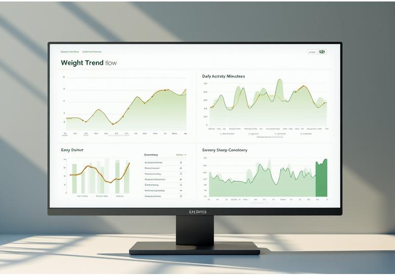 A series of clean, modern data visualization charts showing health trends over time, including line graphs for weight and sleep, and bar charts for activity levels. The design is inviting and easy to interpret.