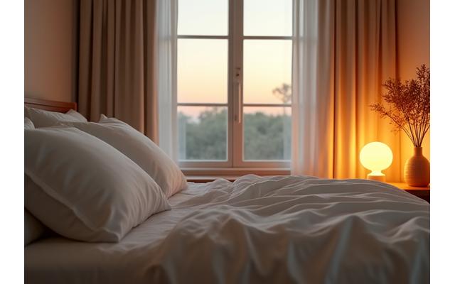 A serene bedroom scene with soft, warm lighting, showing a cozy bed and ambient light, representing sleep quality assessment.