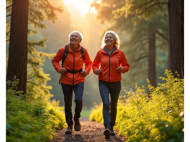 Active, joyful senior couple hiking in a lush forest