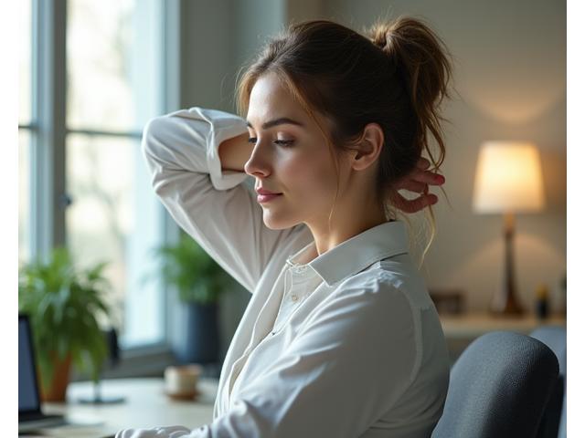 Woman doing gentle desk stretch in a modern office environment