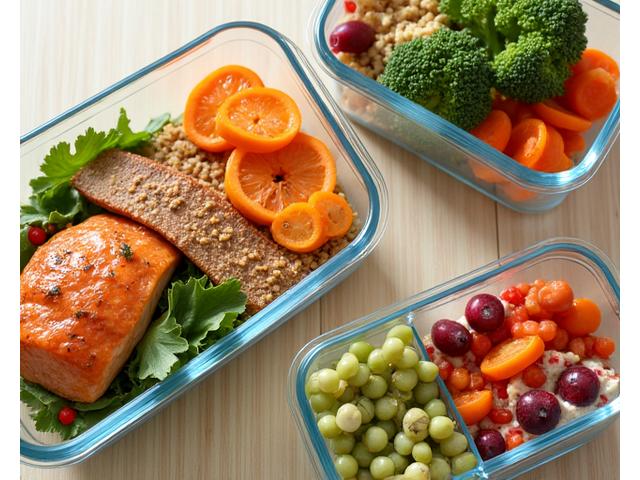 Fresh, vibrant healthy meal prep containers arranged neatly