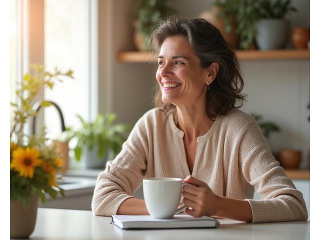Smiling woman in her 40s enjoying a peaceful, organized morning routine