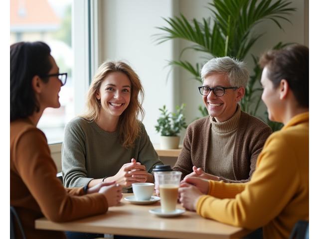 Diverse group of adults 35+ engaging in friendly conversation at a community event