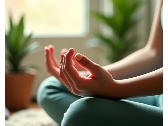 Person practicing mindful breathing in a serene environment with soft light
