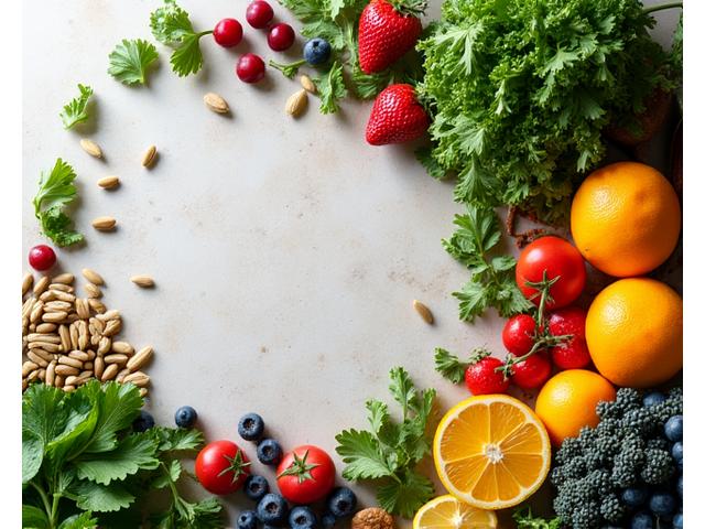 A colorful array of fresh, nutrient-rich foods like berries, leafy greens, and nuts, representing healthy eating for longevity.