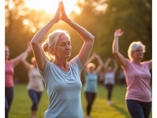 A diverse group of active seniors participating in a gentle outdoor yoga class, emphasizing flexibility and balance.
