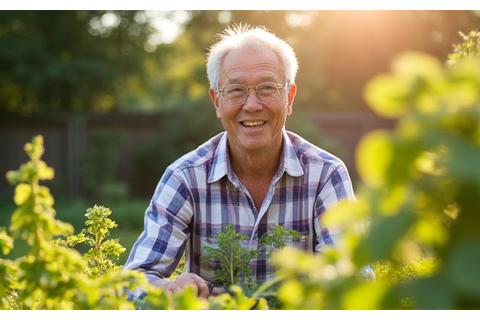 David, a cheerful 65-year-old, tending to his vibrant garden.