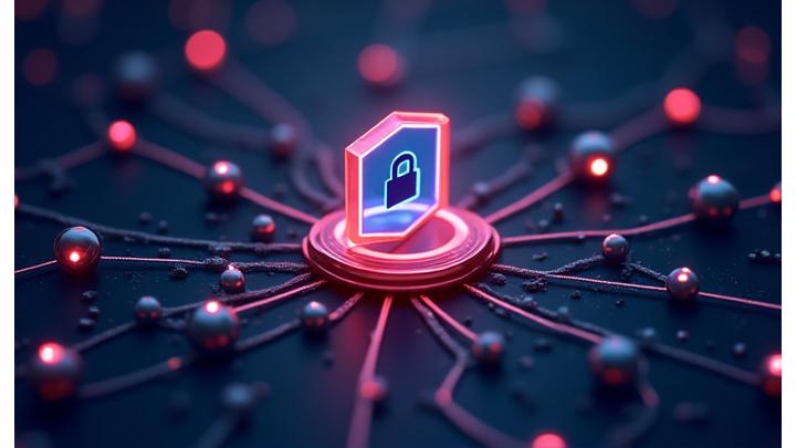 Abstract digital shield icon with a network of secure connections, representing robust data security
