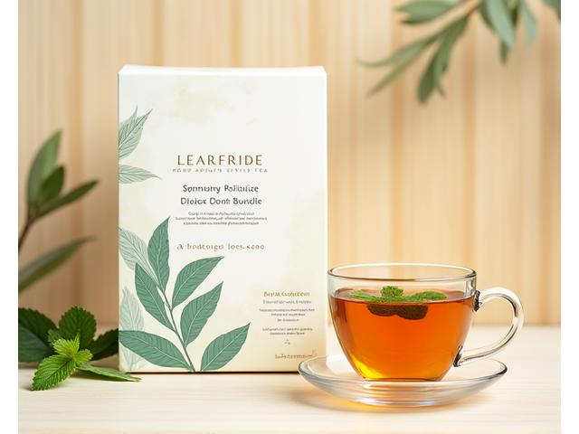 An elegantly designed package of herbal detox tea with fresh mint leaves, highlighting purity.