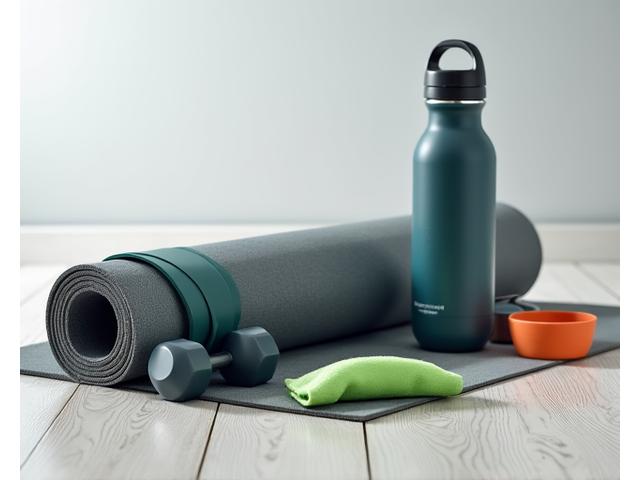 Dumbbells, a yoga mat, and water bottle arranged neatly for a home workout, symbolizing fitness equipment.