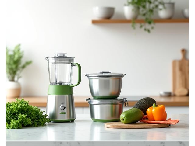 Modern kitchen tools like a blender and food processor on a clean countertop, symbolizing healthy cooking gadgets.