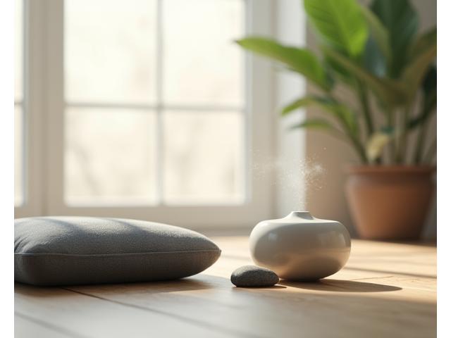A person meditating in a peaceful setting with aromatherapy diffuser and soft lighting, representing stress management tools.