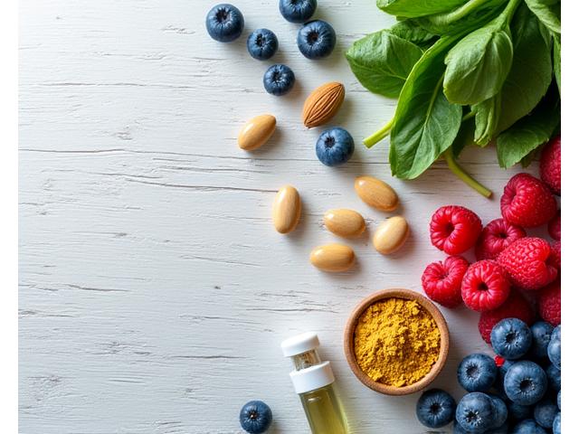 A vibrant display of fresh fruits, vegetables, and natural supplements, representing nutrition.