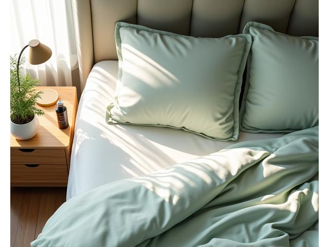 A serene bedroom scene with soft lighting, a comfortable bed, and sleep mask, indicating sleep optimization.