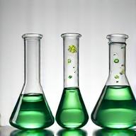 Lab beakers and test tubes with glowing liquid, indicating third-party lab testing and safety verification.