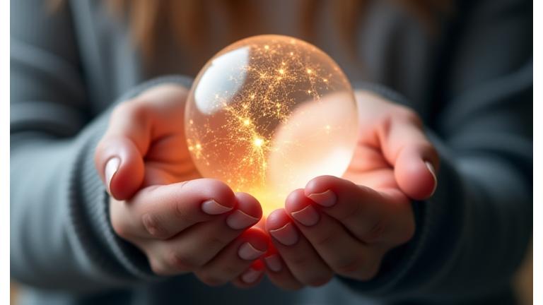 Two hands gently holding a small globe with connection lines, symbolizing community and safe online interaction.